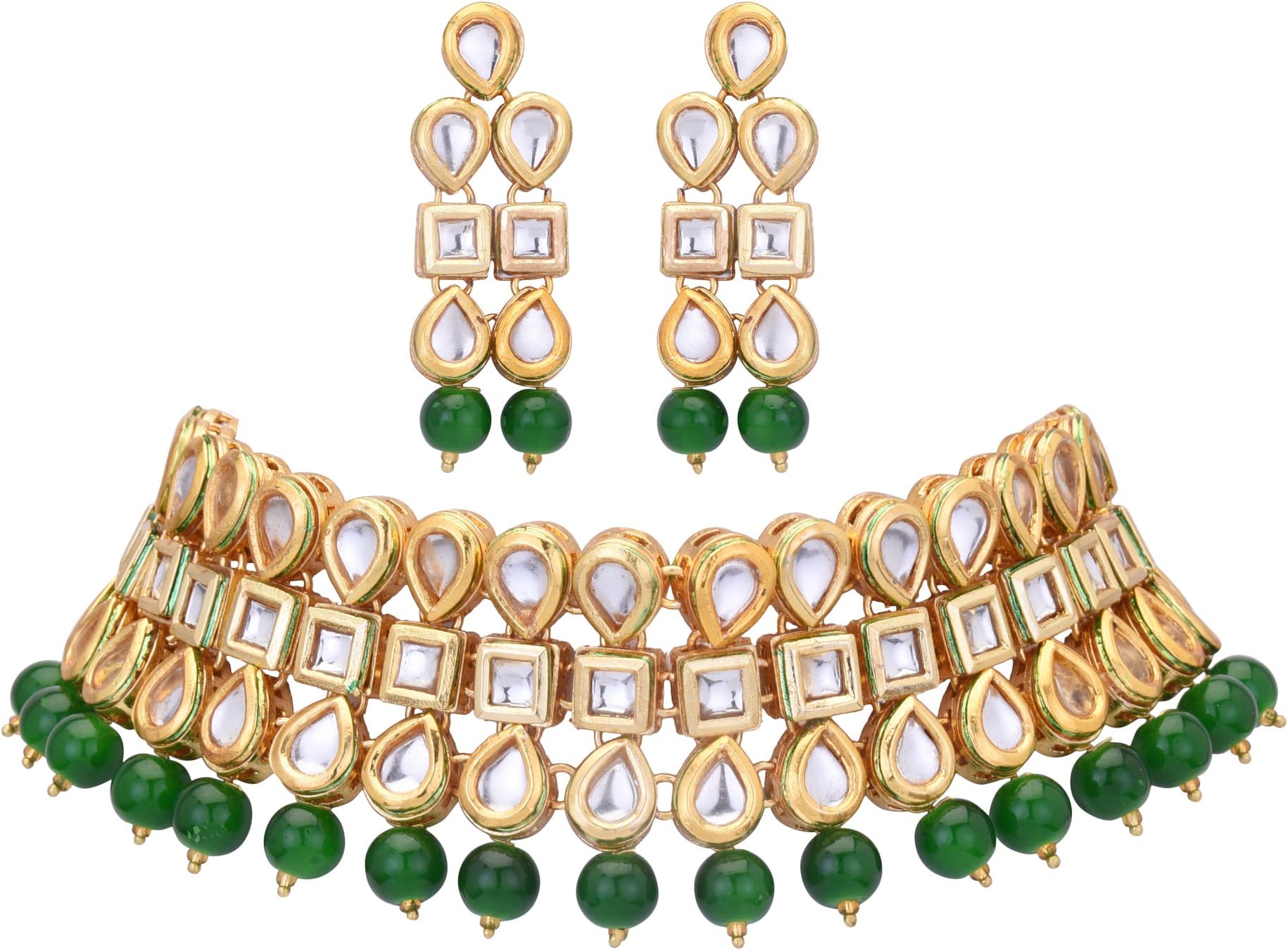 Sparkle World Indian Traditional Bollywood Bridal Choker White Kundan Green Pearls Fashion Ethnic Jewelry Set