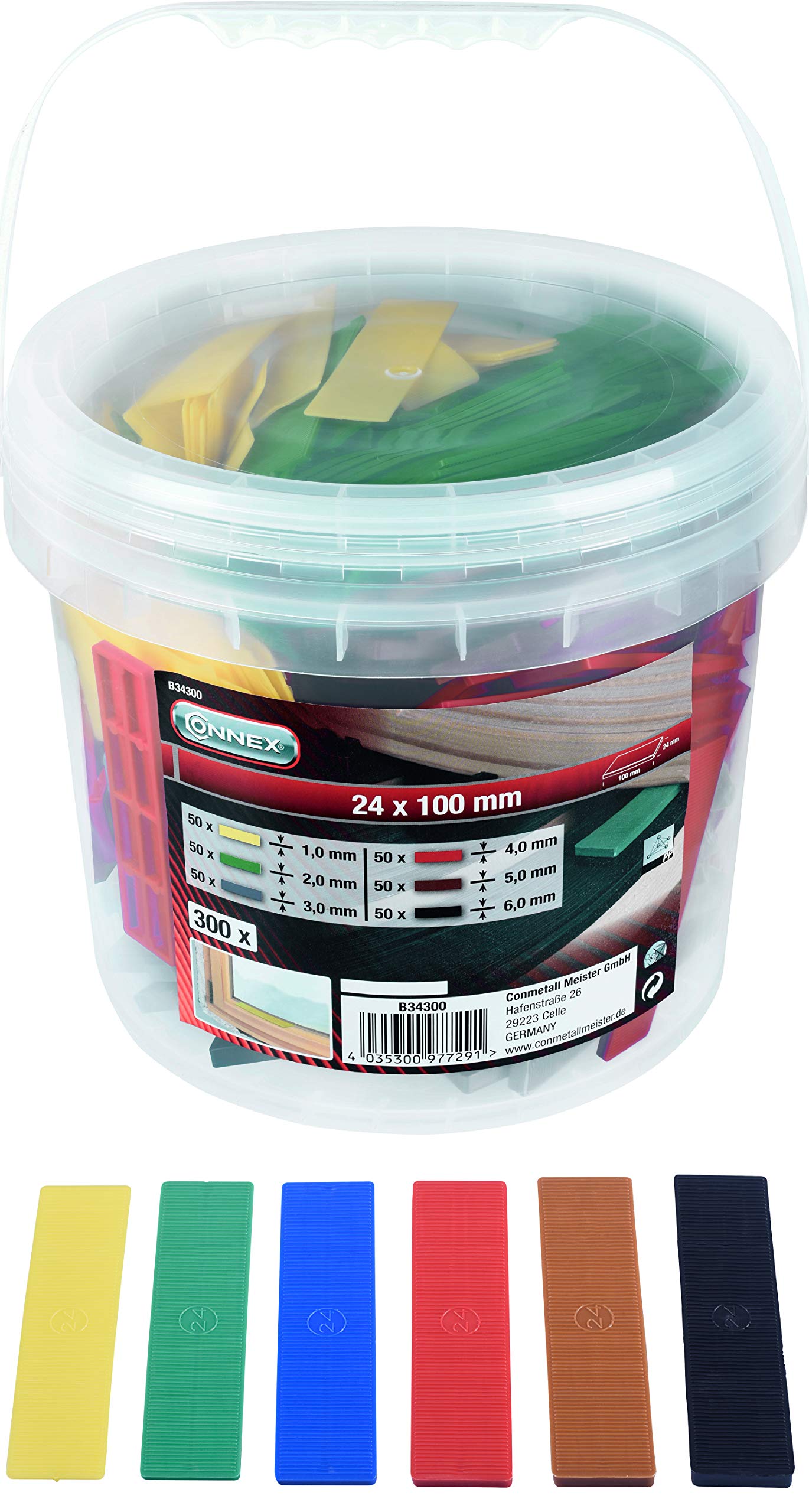 Connex B34300 Glazing Block Set 300 Pieces 100 x 24 mm Six Heights from 1 to 6 mm Assorted Colours with Ribbing Polypropylene/Backing Plates/Carrying Blocks/Plastic Wedges