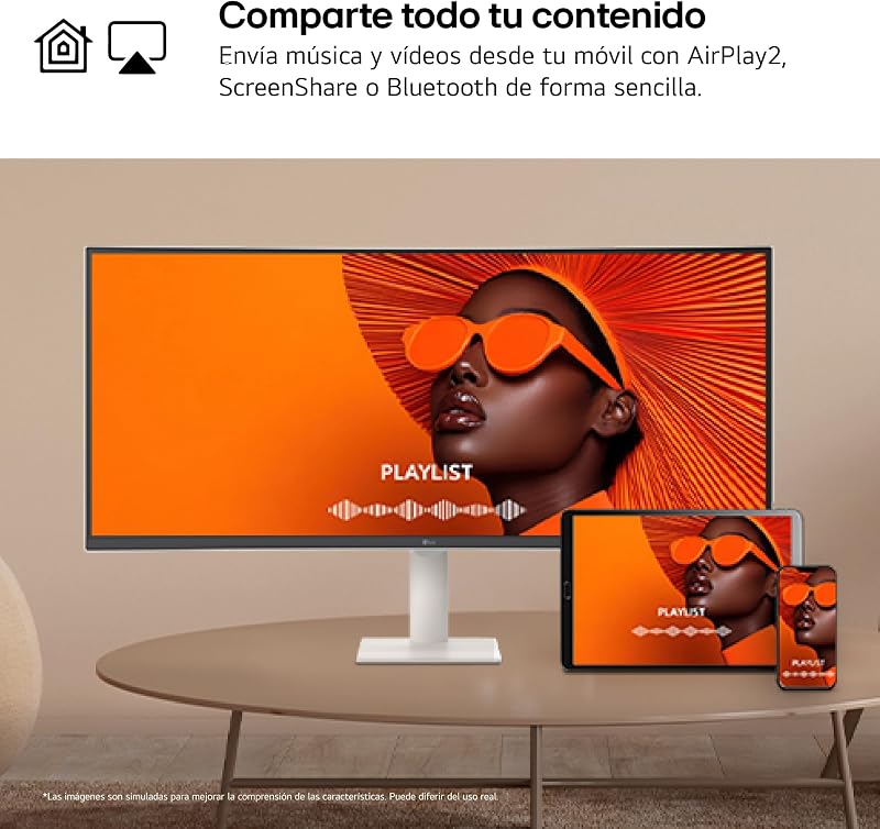 34U601SA-W - Smart Monitor 34" VA Panel (3440 x 1440), 100 Hz, 5 ms (GtG), webOS 24, Touch Screen, 4K, Inclui Canais e Portal Gaming, Inclinação Ajustável, Branco