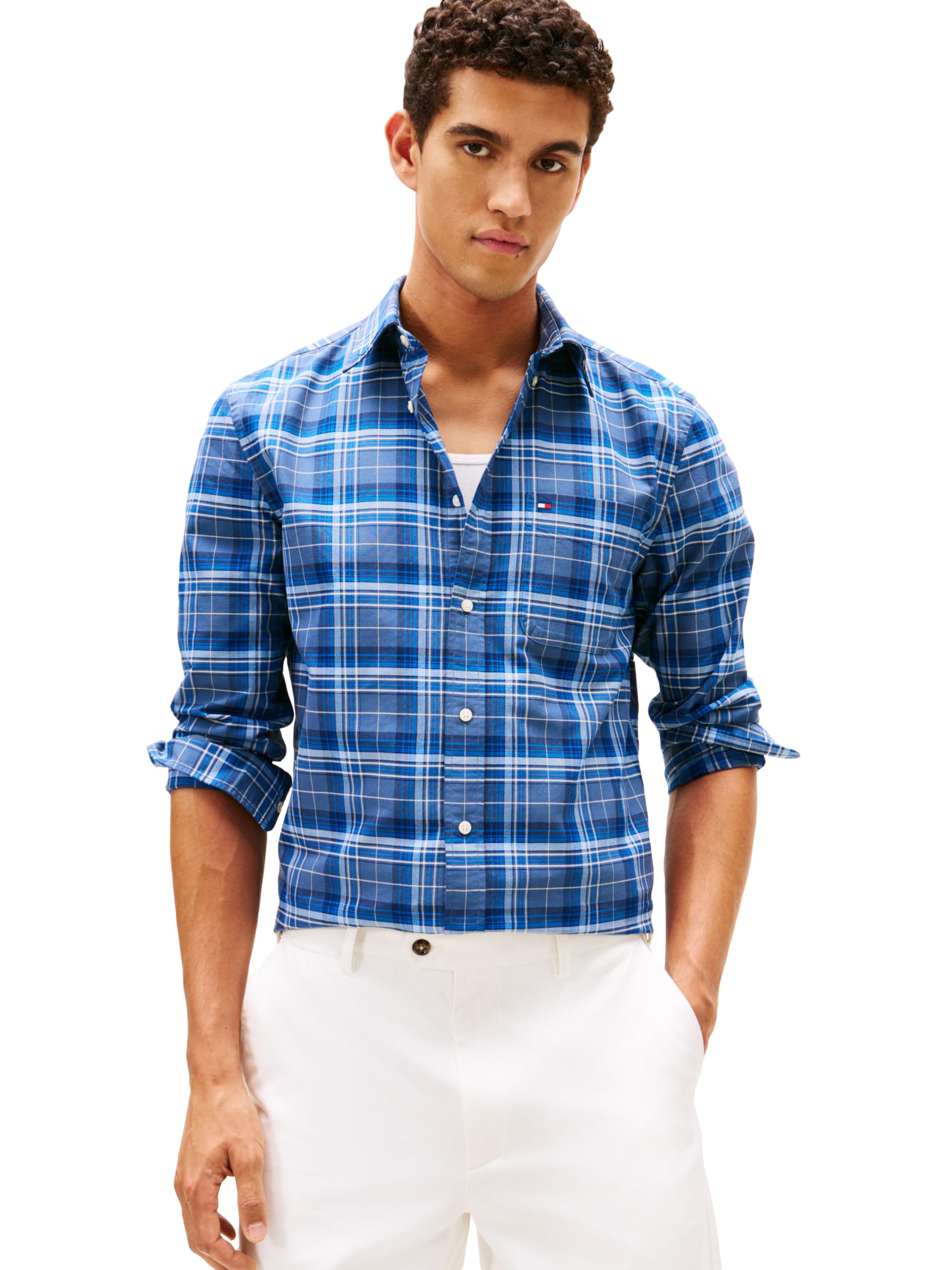 Tommy Hilfiger Men's Heritage Oxford Plaid Regular Long Sleeve Shirts, Aegean SEA/Check XX-Large Image