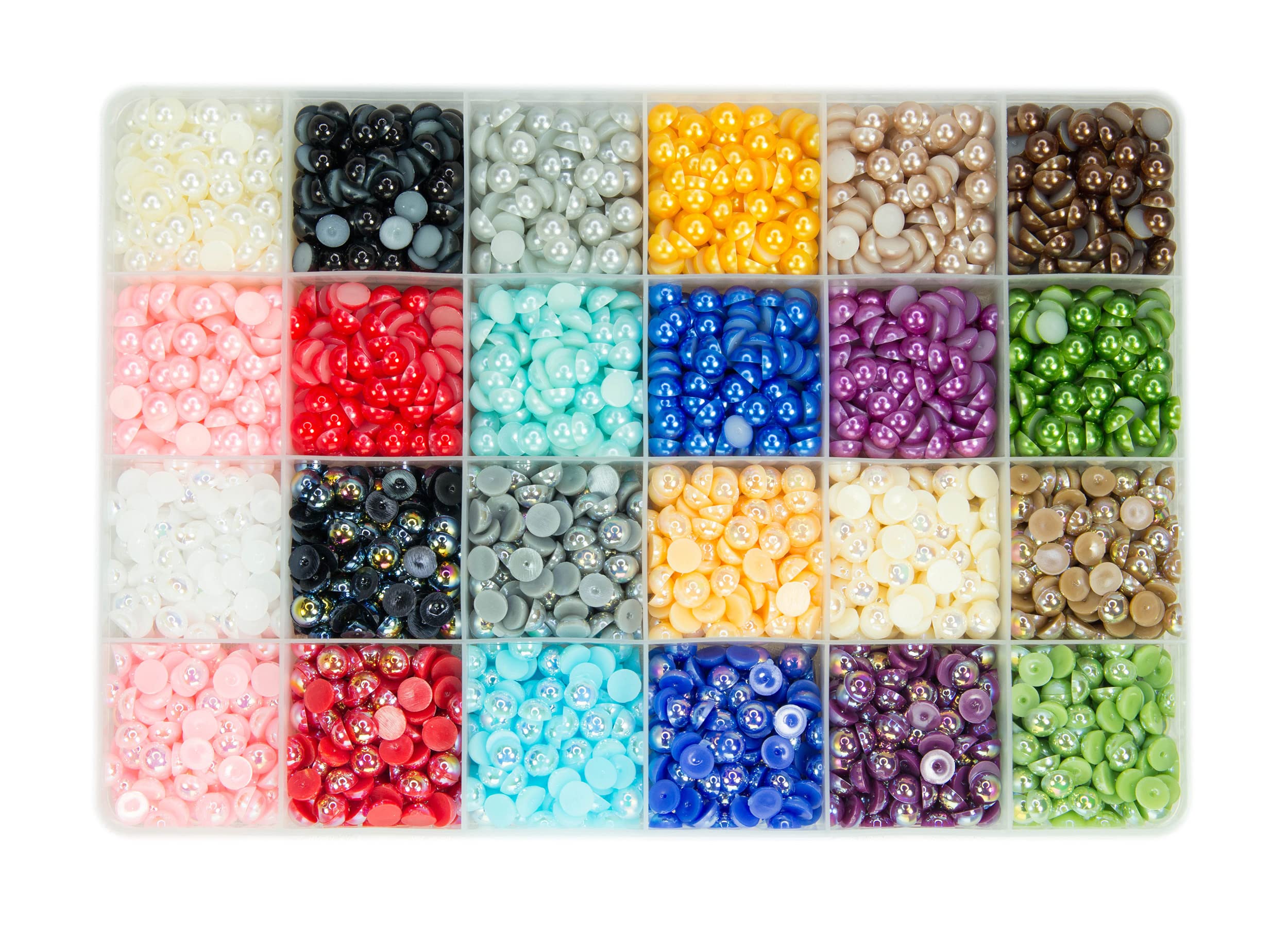 Box of 24 Normal & Iridescent Colours 6mm 3600pcs Flat Back Pearl Beads Crystal Diamantes for Nail Art & Craft Scrapbooking Embellishments