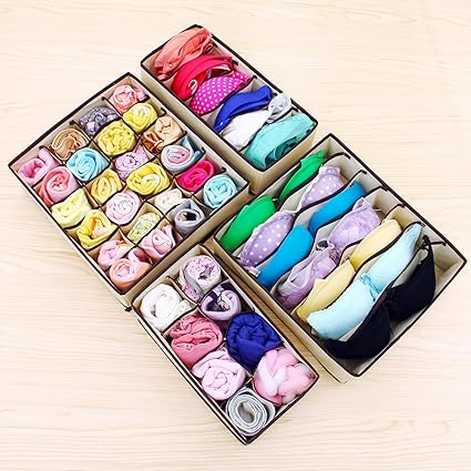 Ballery Schubladenunterteilungen, 4 Stück Aufbewahrungsboxen für Büstenhalter, Unterwäsche, Dessous, Socken (Beige)
