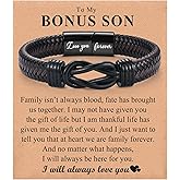 SNORSO Gifts for Men Son Grandson Husband Bonus Son - Braided Leather Bracelets Engraved with Love You Forever, Birthday Valentines Fathers Day Graduation Christmas Gifts for Men Boys