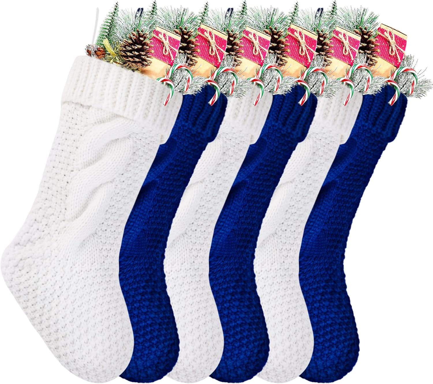 Stockings & Holders - Kunyida Christmas Stockings Bulk, 14 Inch White and Blue Cable Knitted Stockings for Xmas Holiday Decoration, 6 Pack