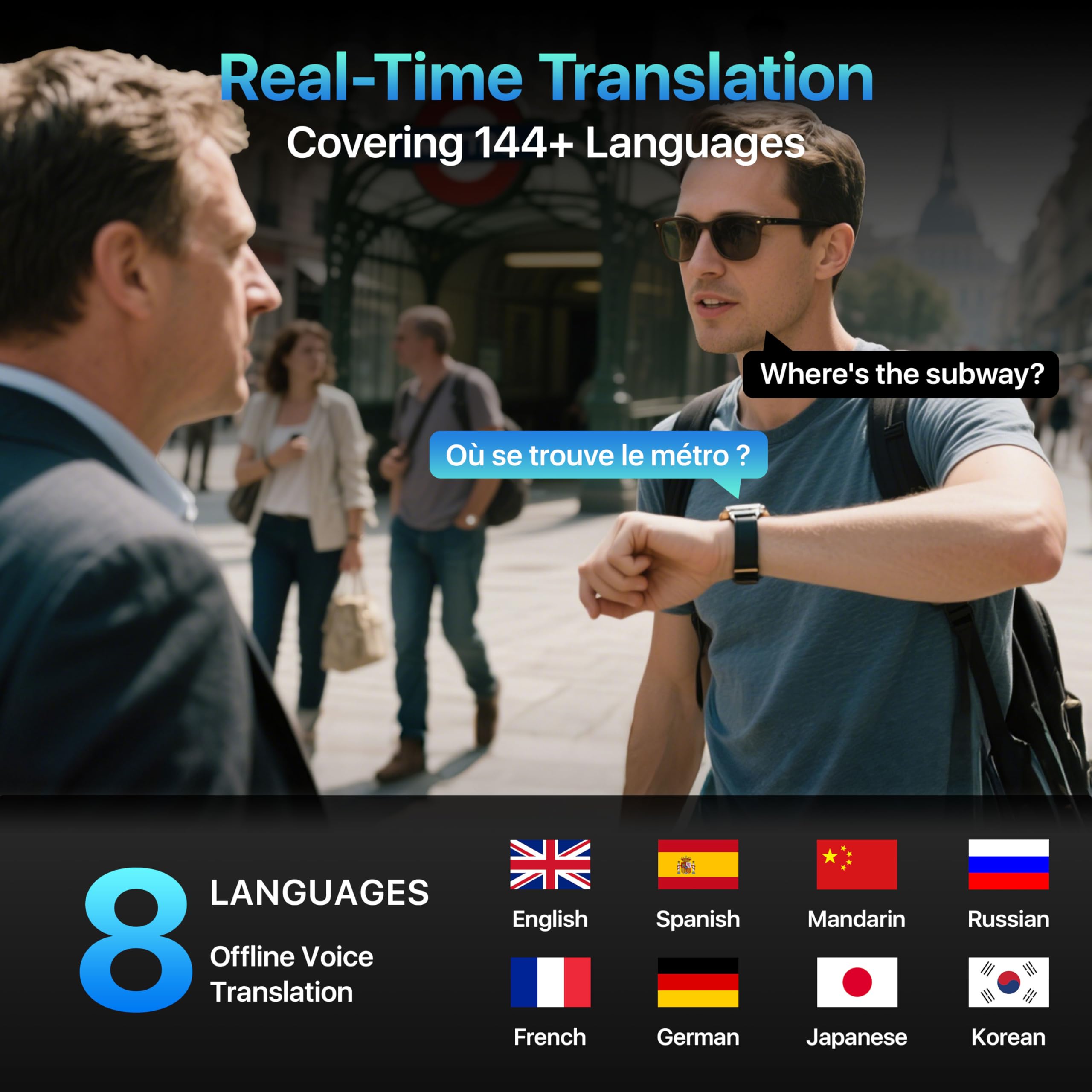 AI Translator Watch, Fitness Tracking, Heart Rate & Sleep Monitor, OLED Display, Titanium Alloy Waterproof, Multi-Sport Modes, Black