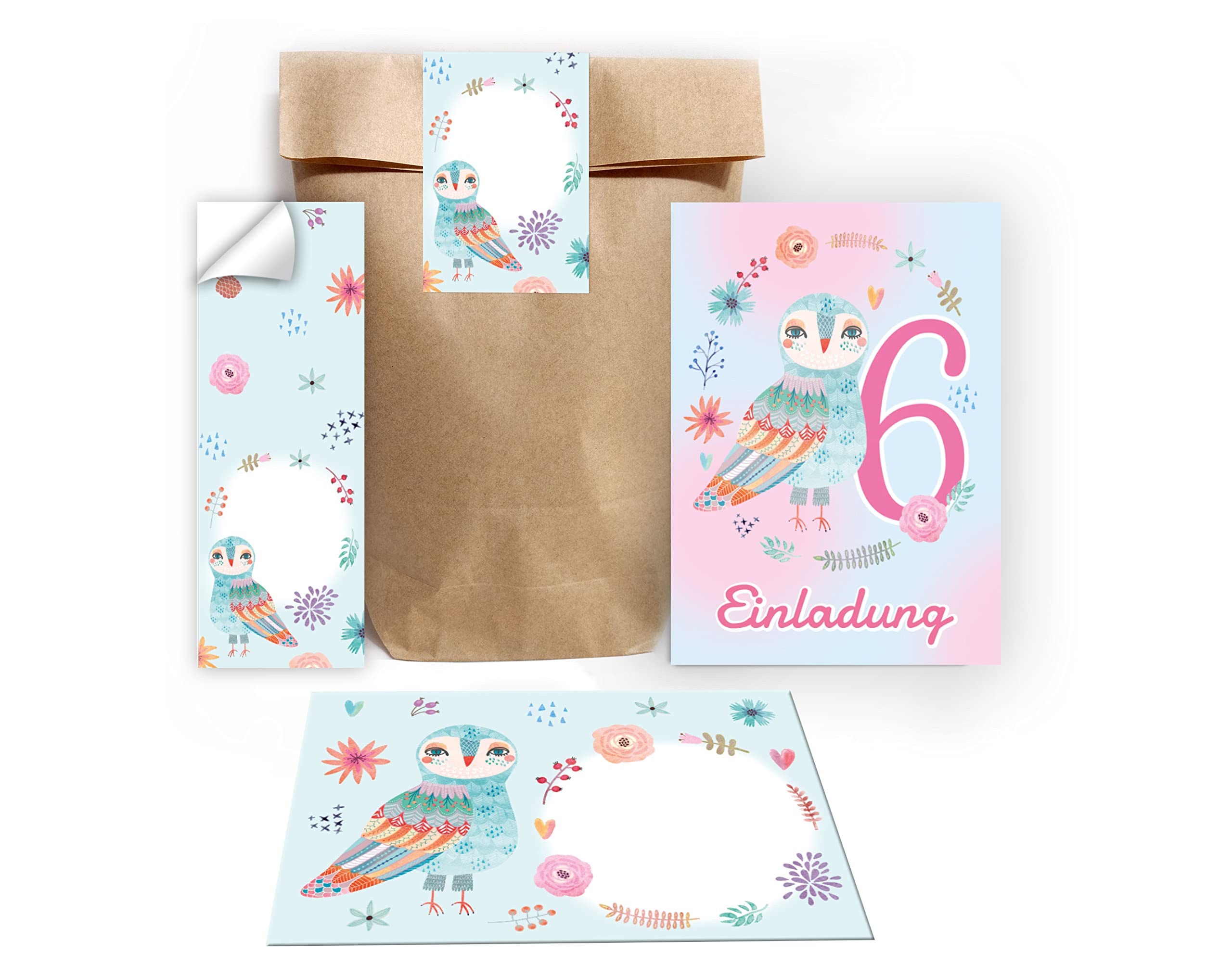 Junapack 12 Invitation Cards for 6th Birthday Party Invitations for 6th Birthday Girl Owl Including 12 Envelopes 12 Bags / Natural 12 Stickers