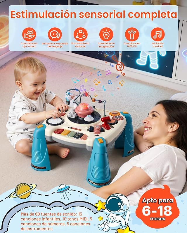 Mesa de Aprendizaje para Niños Más de 6 Meses, Mesa de Actividades de Aprendizaje con Temática Espacial, Proyector de Estrellas con Luz Suave y Más de 60 Fuentes de Sonido, Pilas No Incluidas