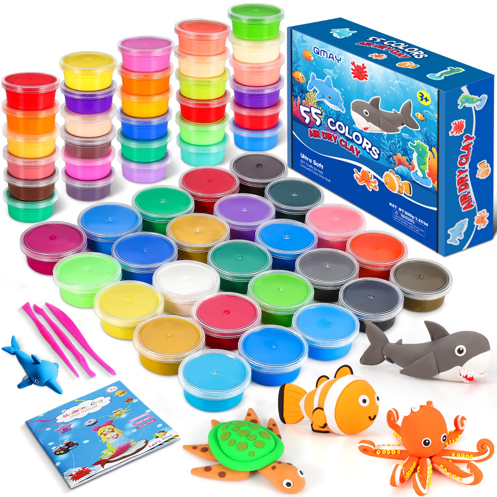 QMAY 55 Colors Air Dry Clay Kit – Ultra Light Magic Modeling Clay for Kids, DIY Craft Dough, Creative Art Supplies for Boys & Girls