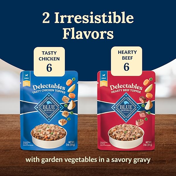BLUE BUFFALO DELECTABLES NATURAL WET DOG FOOD TOPPERS VARIETY PACK, TASTY CHICKEN & HEARTY BEEF, CUTS IN GRAVY, 3-OZ. (12 POUCHES, 6 OF EACH FLAVOR)