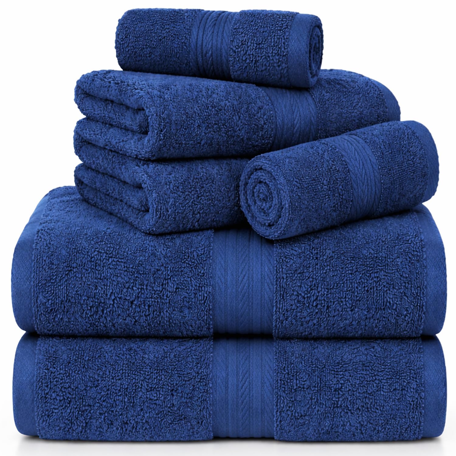 Ample Decor 100% Cotton Luxury, Soft & Absorbent 6 Piece Towels Set, 2 Bath Towels, 2 Hand Towels, 2 Wash Cloths for Bathroom - Navy — image 1