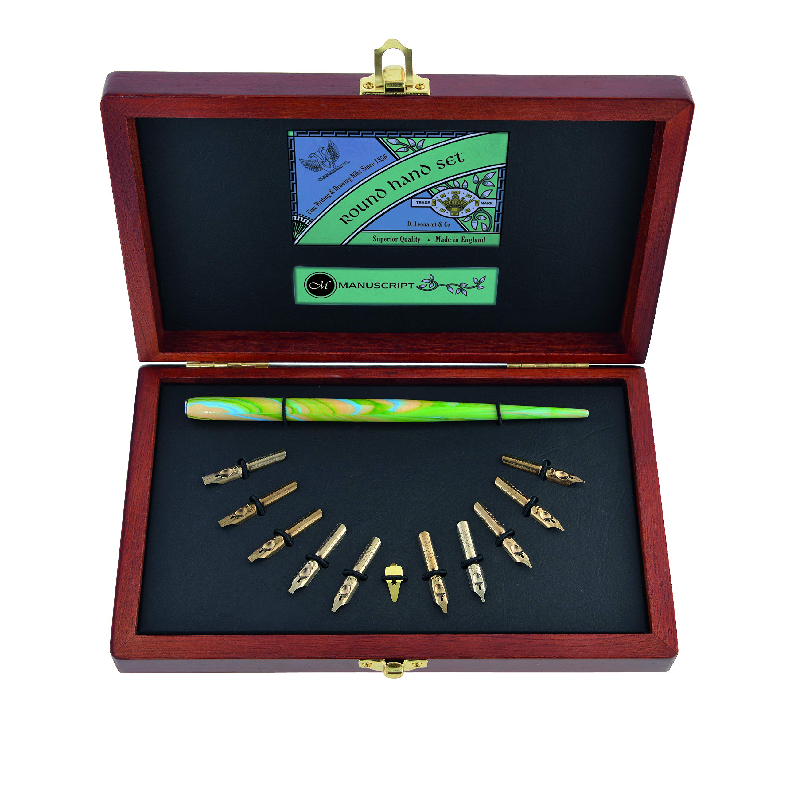 Manuscript Collectors Round Hand Set. The Perfect Calligraphy Set For All Users. Calligraphy Beginners Set Including 10 Round Hand Nibs, Marbled Wooden Nib Holder & Calligraphy Ink All In A Box.