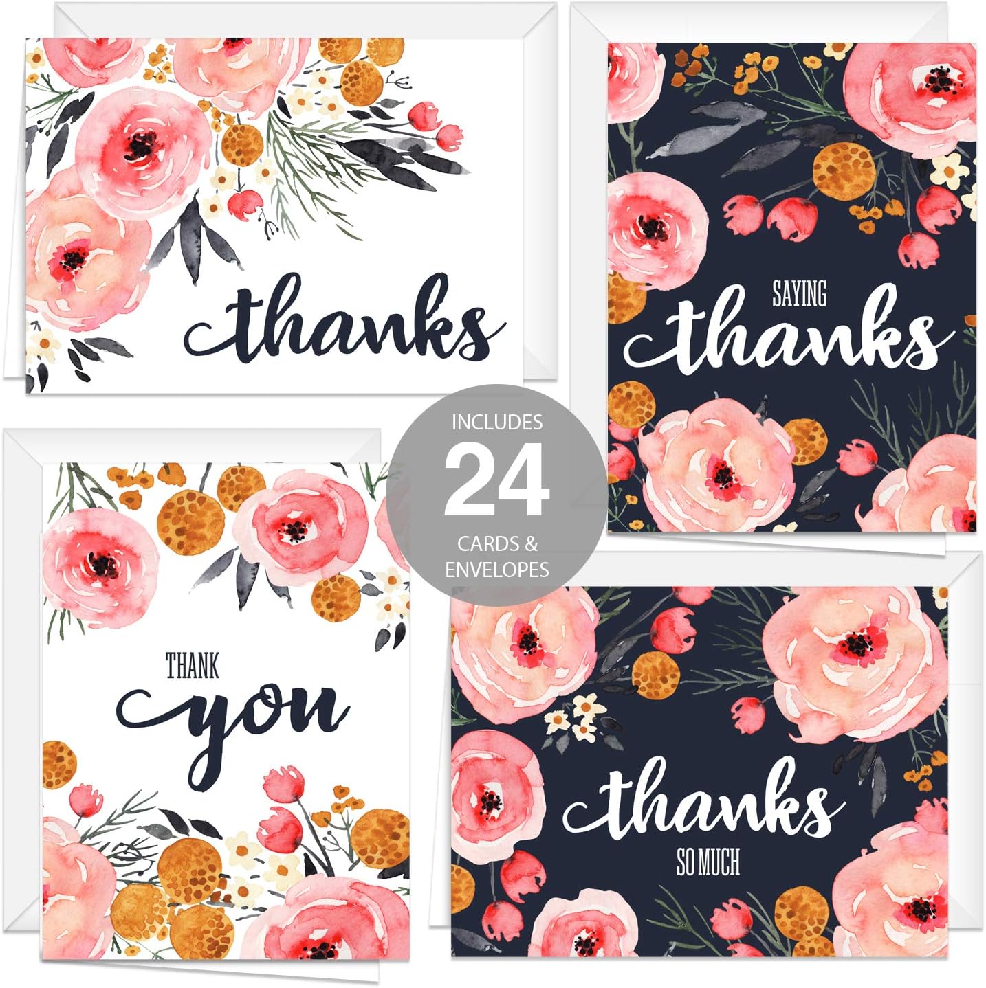 Watercolor Pink And Navy Floral Cards/Modern Thank You Cards With Envelopes / 24 Bright Floral Bouquet Cards With White Envelopes : Office Products