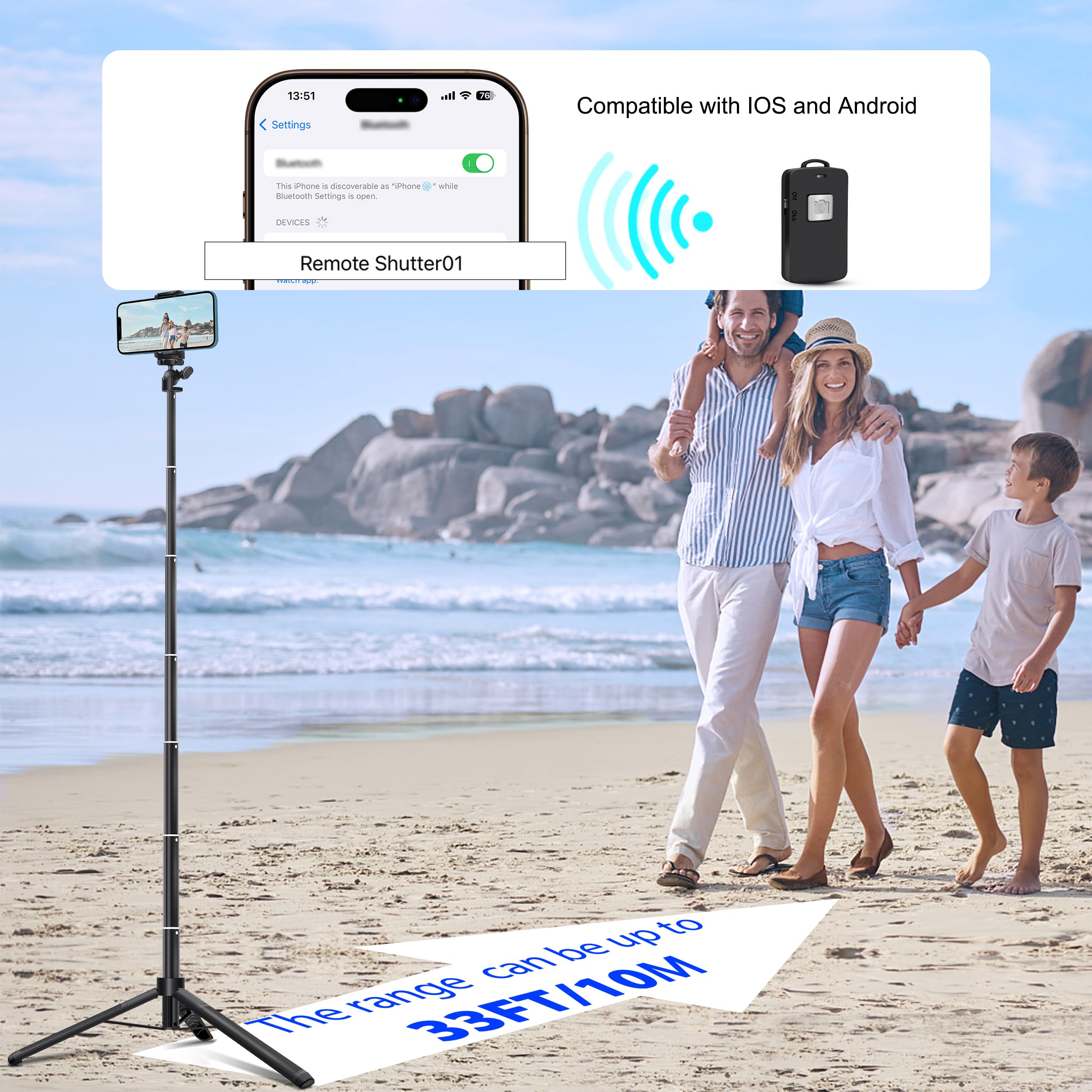 bluehorn Extendable 62 inches Aluminum Alloy Selfie Stick Phone Tripod Stand New Model with Wireless Remote Shutter Compatible with All Cell Phones/Live Stream/Vlog/iPhone 16/15/14/13/Android