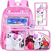 UFNDC 3PCS Clear Backpack for Girls and Boys, Unicorn Cat Transparent Bookbag, See Through School Bag for Kids Elementary