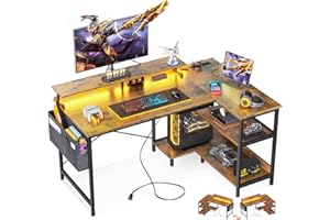 ODK 48 Inch Gaming Desk with USB Charging Ports and LED Lights, Reversible L Shaped Computer Desk with Storage Shelves & Monitor Stand, Corner Home Office Desk Table with Power Outlets, Vintage