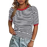 PRETTYGARDEN Womens Puff Short Sleeve Summer Tops 2026 Casual Ribbed Knit Work Basic Tees Crewneck Spring Striped T Shirts
