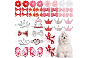 Janinka 40 Pcs Dog Hair Clips and Dog Hair Bow Crown Dog Accessories Princess Style for Small Dog Crystal Rhinestone Puppies Barrette Rubber Band Flower Butterfly Grooming Accessories(Red)
