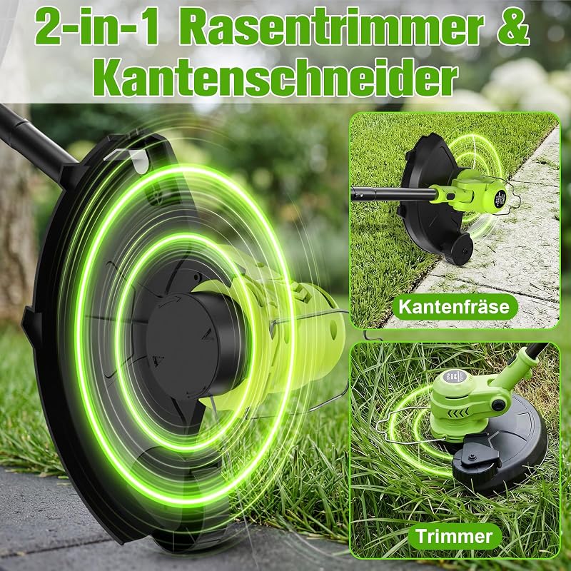 Akku Rasentrimmer 21V, 2-in-1 Rasentrimmer & Kantenschneider, LCD Akkuanzeige, 2×2000mAh Akku, Automatische Fadennachführung, 8 Fadenspulen, für Rasen, Rasenkanten & Gartenwege