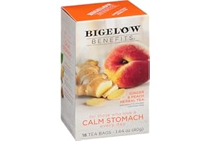 Bigelow Tea Benefits Calm Stomach Ginger Peach Caffeine Free Herbal Bags, 18 Count, Pack of 6