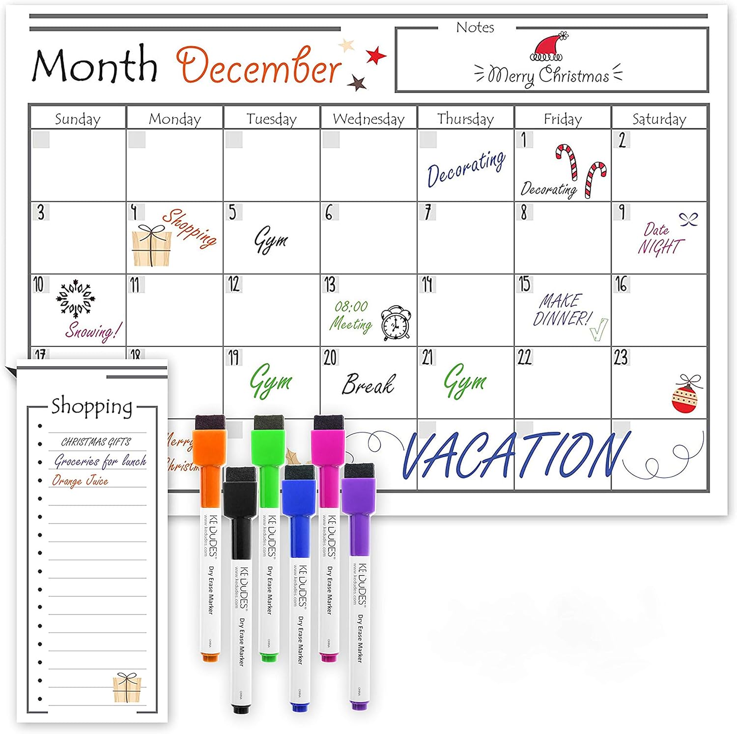 USA Made Magnetic Dry Erase Calendar for Refrigerator with 6 Markers & Magnetic Shopping List – Kitchen Fridge Calendar White Board, Schedule Planner Wall Set : Office Products
