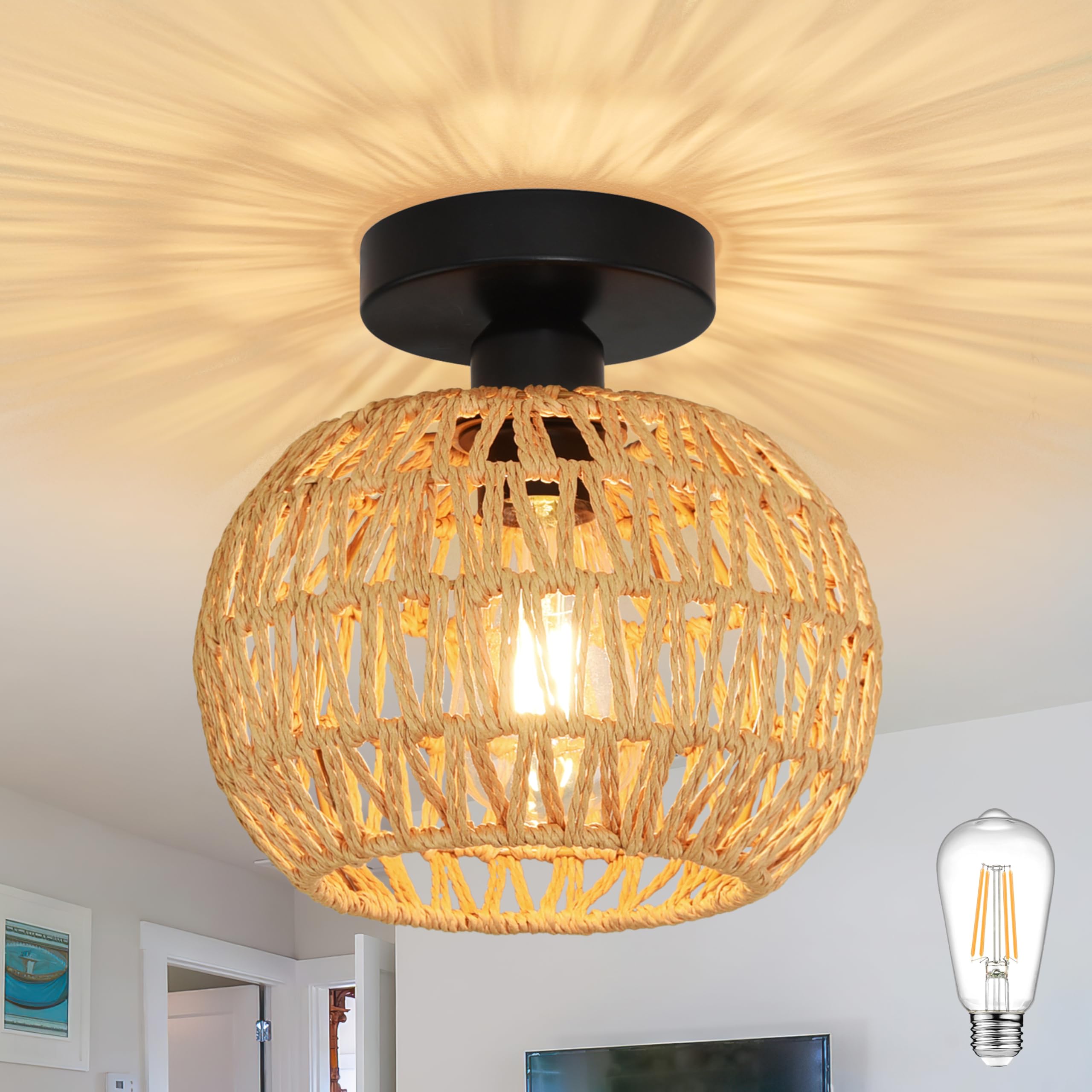 AyshwillDec 8.7 inch Mini Rattan Lights Fixtures Ceiling Boho Light ...
