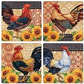 CoasterStone Roosters and Sunflowers Absorbent Coasters (Set of 4), 4-1/4", Multicolor