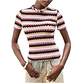 SweatyRocks Women's Stripe Printed Mock Neck Tops Casual Short Sleeve Slim Fit T Shirt
