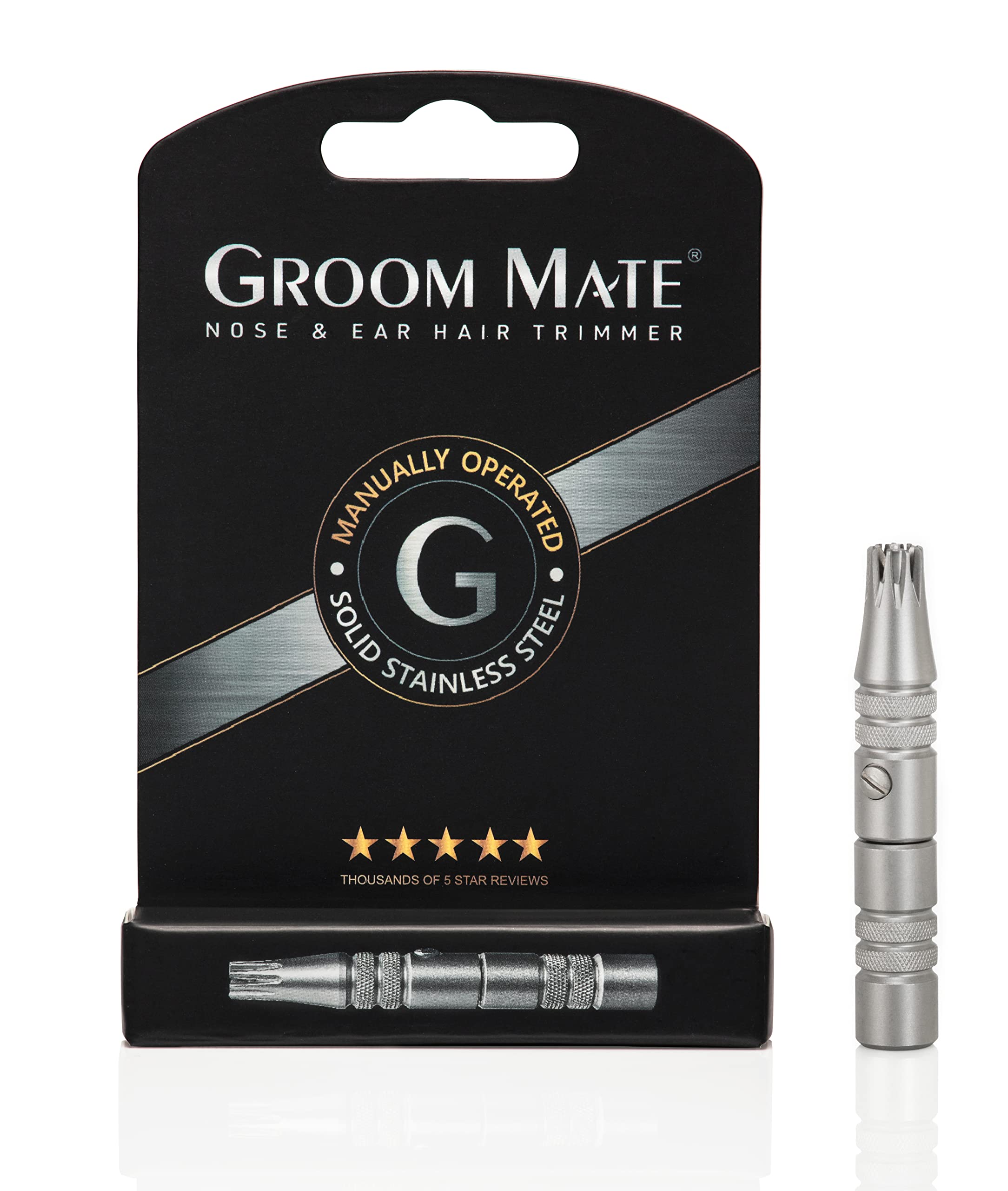 Groom Mate Platinum Manual Nose & Ear Hair Trimmer - XL Professional Stainless Steel Manual Nose & Ear Hair Trimmer for Men, Battery Free Hand Powered Rotary Blade Grooming Tool, Silver