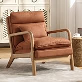 INZOY Mid Century Modern Accent Chair with Wood Frame, Upholstered Reading Armchair with Waist Cushion, Double Padded Accent Chair, Side Chair for Living Room Bedroom Office, Easy Assembly, Brown