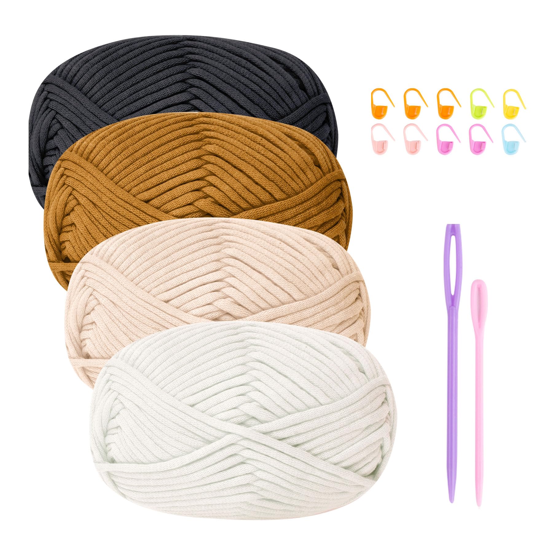 Chunky Cotton Wool Yarn for Crochet Beginners - 4x50g Amigurumi Yarn with Accessories, Easy Crochet Starter Kit Khaki Brown