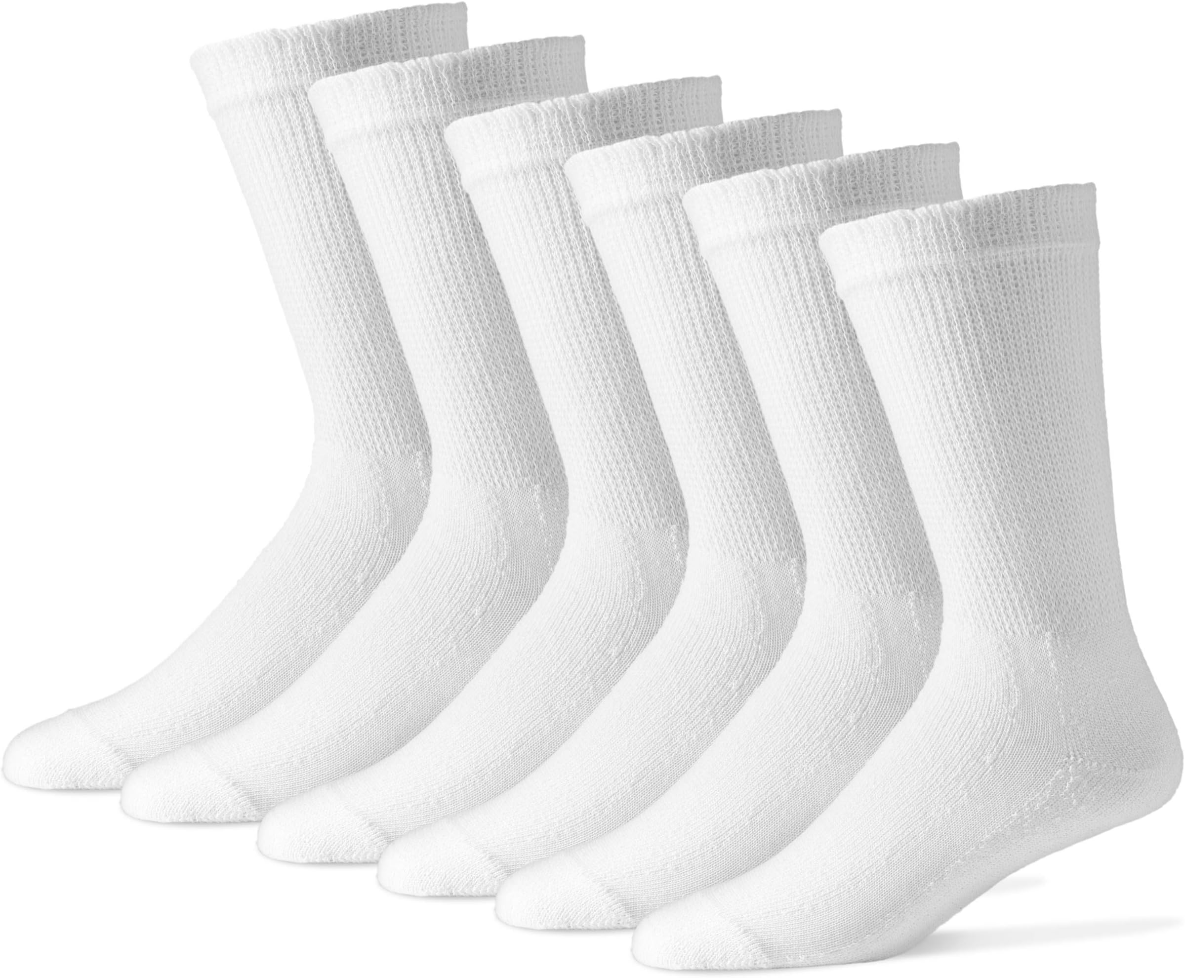 Women's Diabetic Crew Socks 9-11 - Cotton Blend Sole Pleasers Loose Top 12 Pack White Made in USA