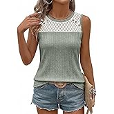 BLENCOT Women's Ribbed Knit Tank Top Lace Splicing Sleeveless Summer Casual Vest Shirt with Button Detail
