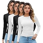 4 Pack Women's Ribbed Long Sleeve Tops Slim Fit Stretchy Base Layer Underscrub Going Out Casual Basic Crew Neck Tee Shirts