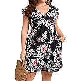 ShopWonder Womens Plus Size Casual V Neck Dress Loose Swing Ruffle Summer Boho Midi Dress with Pockets
