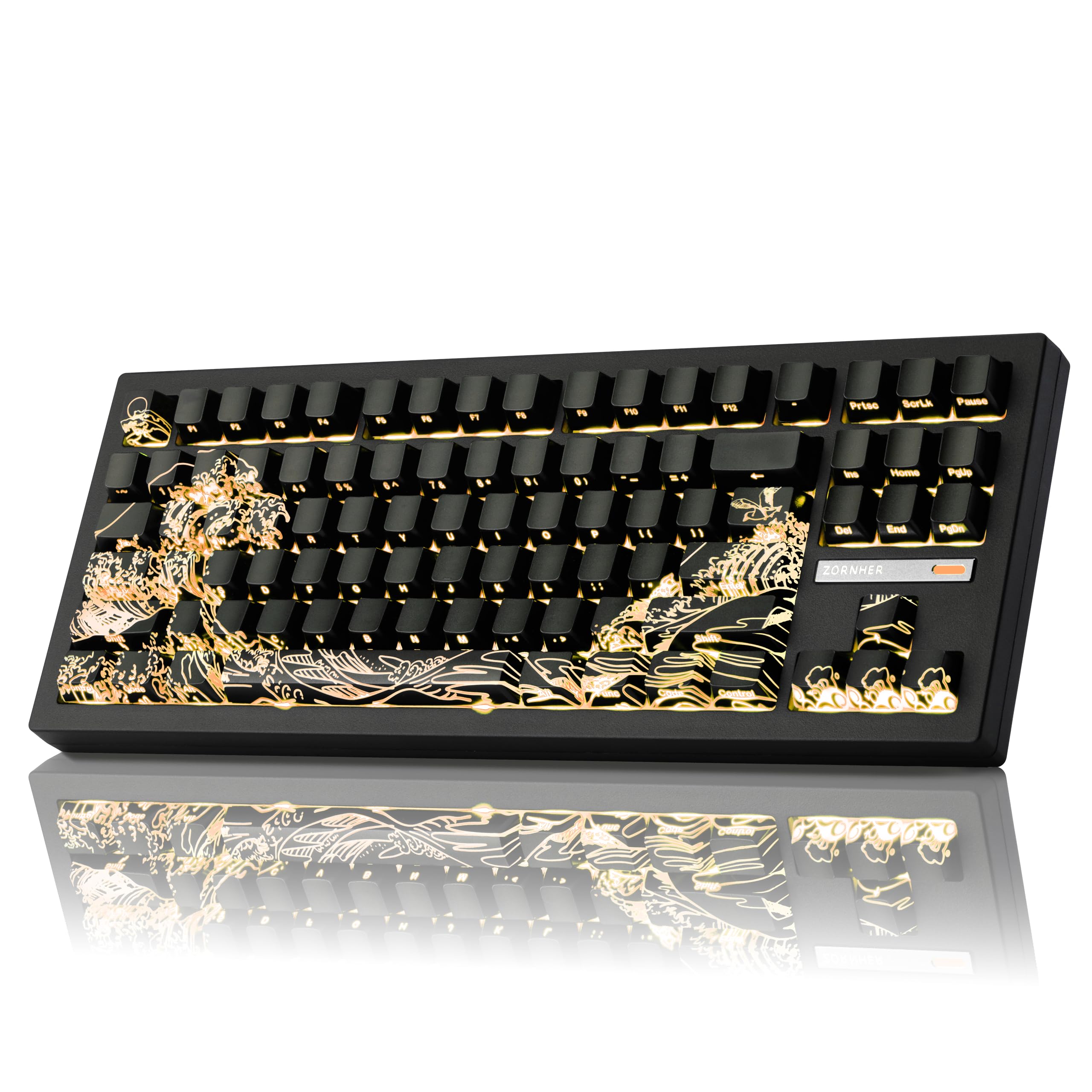 ZORNHER ZH870 Wireless Gaming Mechanical Keyboard,80% Black Custom Creamy Sound Keyboard with Shine Though Wave of Kanagawa Kanagawa Keycaps,Creamy Sounding Linear Switches,Hot-Swappable,RGB Backlit