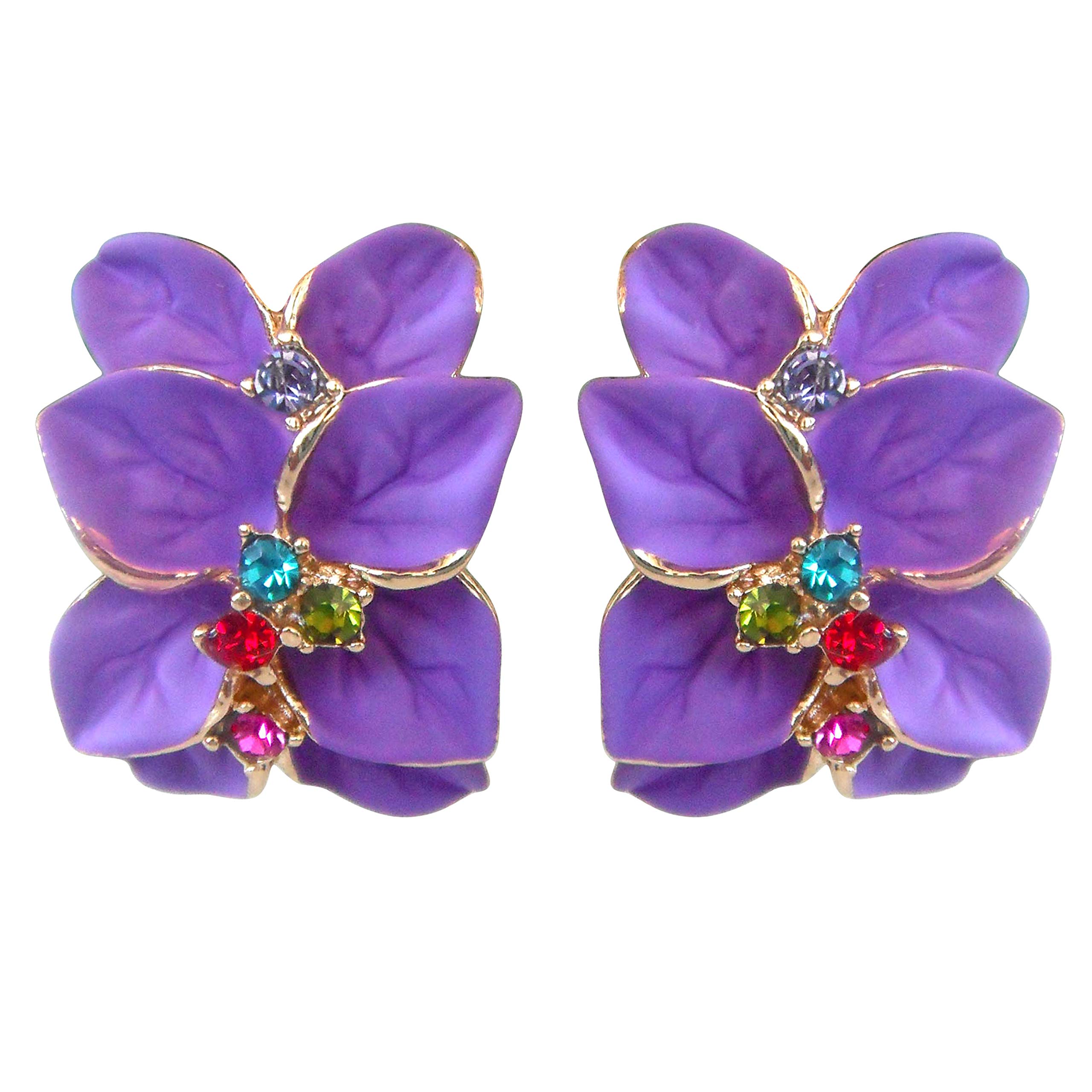 Navachi 18k Gold Plated Colorful Crystal Purple Enamel Leaves Flower Az1509e Omega Earrings