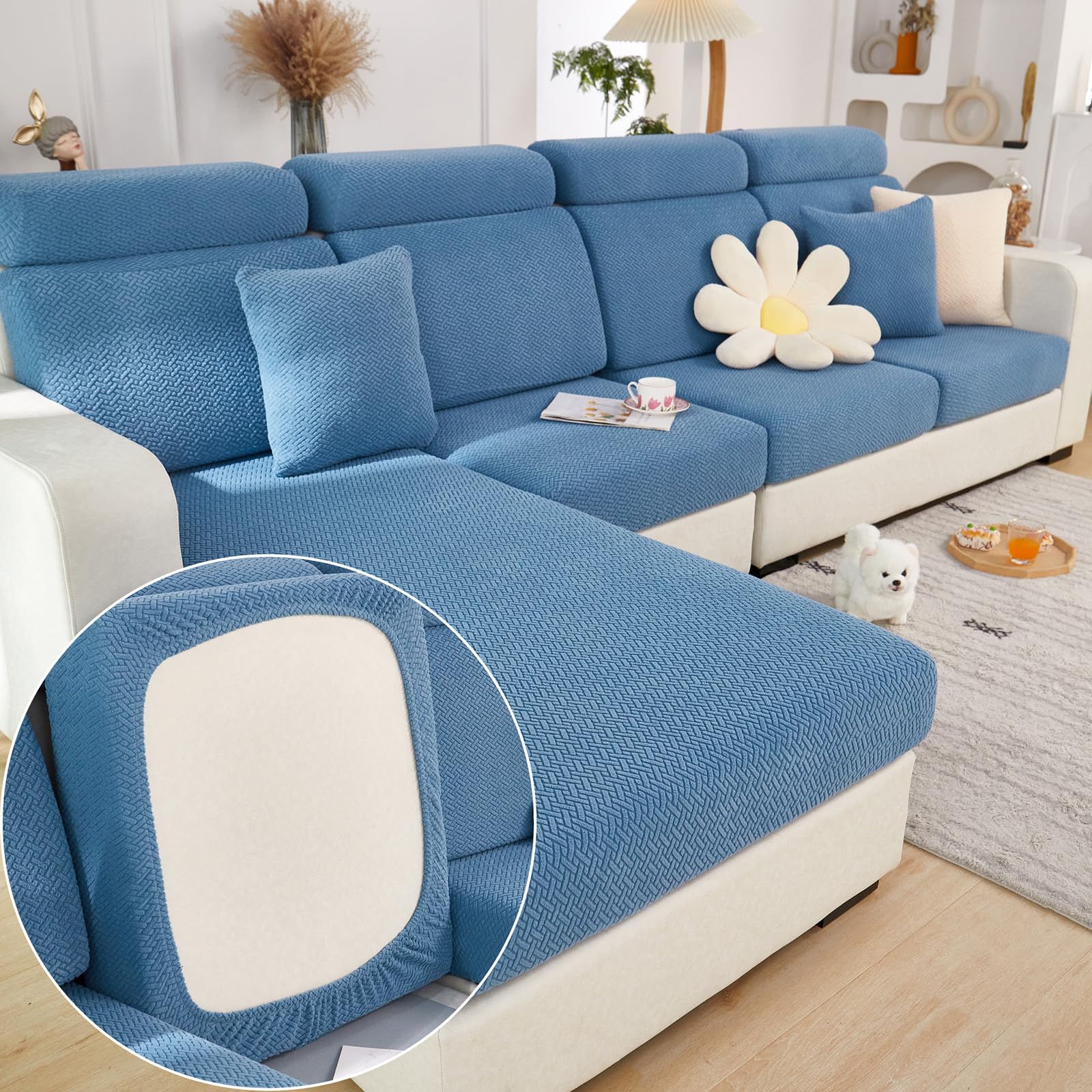 Photo 1 of Yoovat Magic Sofa Covers Magic Sofa Couch Covers 2024 New Wear-Resistant Universal Sofa Cover Stretch for Sectional Slipcovers (Texture-Blue,Chaise Cover)