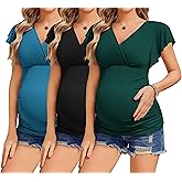 Ekouaer Women's Maternity Shirts 3 Packs Nursing Tops Flying Short Sleeve Breastfeeding Tees Side Ruched Pregnancy Clothes