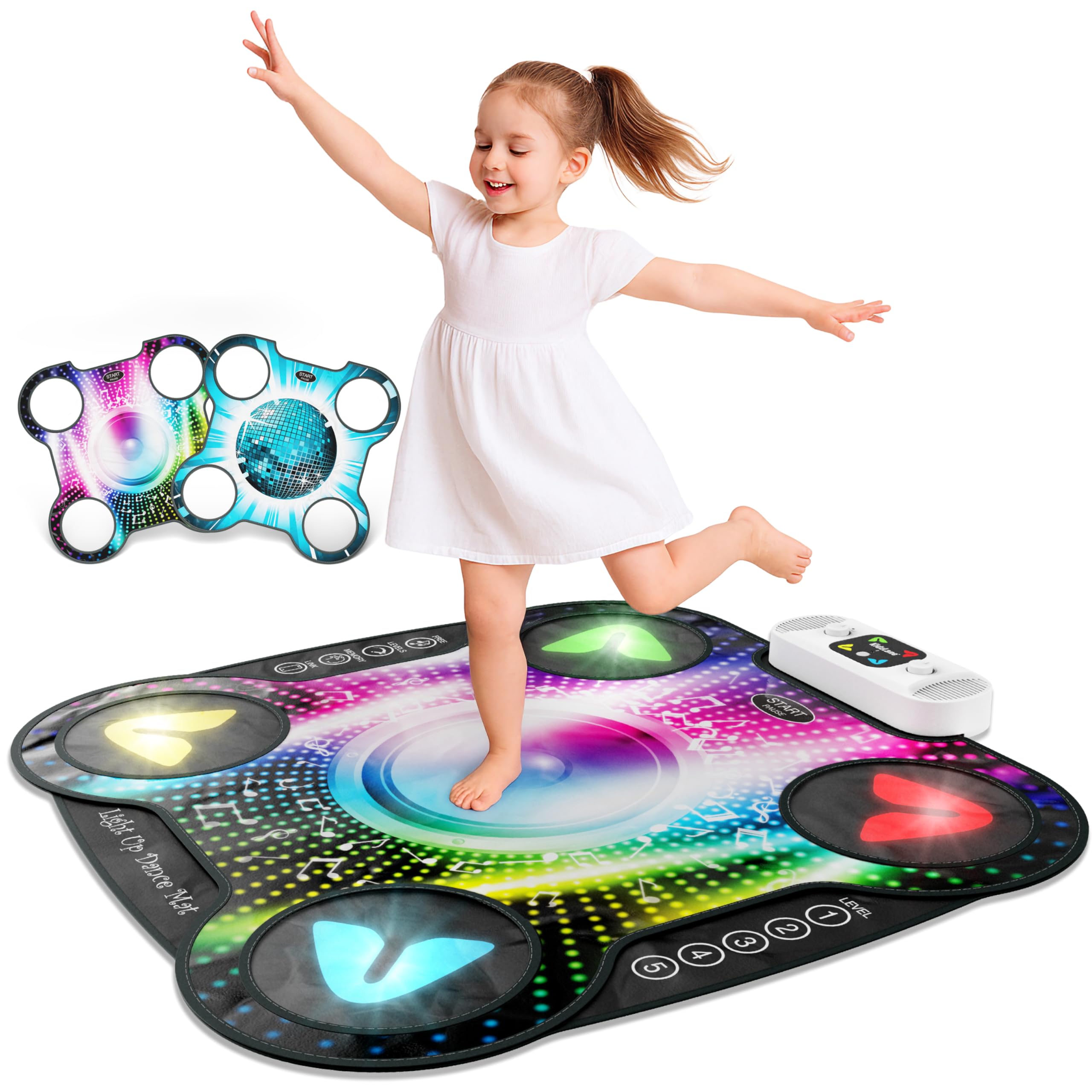 Photo 1 of **BOX HAS DAMAGE**Kidzlane Light Up DJ Dance Mat for Kids - Bluetooth & AUX Compatible - 3 Fun Arcade Games - Adjustable Volume - Detachable Top Mats with Discoball & Speaker Motives - Durable Plastic - Multi-Color