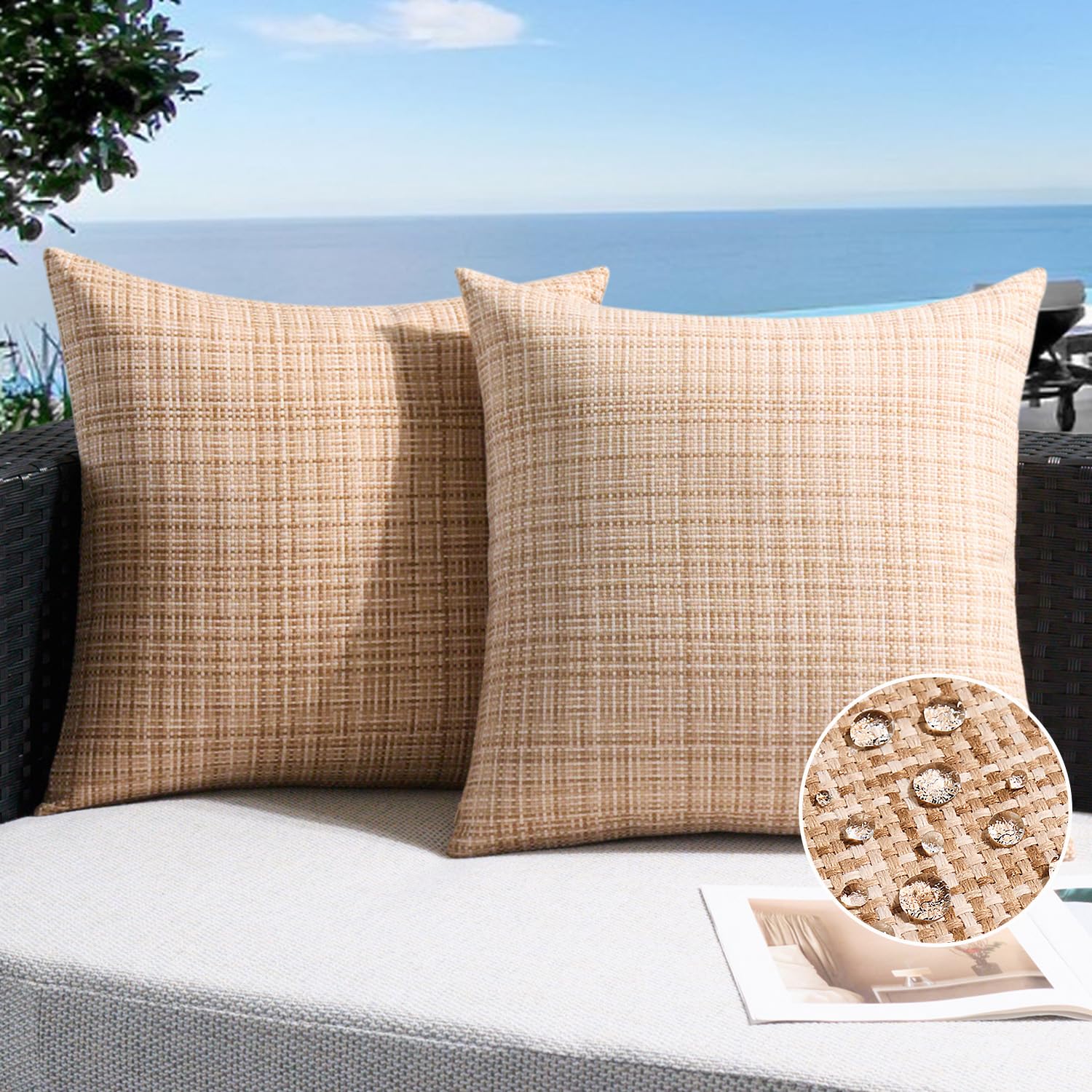 Photo 1 of UGASA Outdoor Waterproof Throw Pillow Covers Pack of 2 Patio Water Resistant Pillow Cases Summer Woven Texture Decorative for Outside Garden Porch Yard Bench Tent 18x18 Inch, Beige