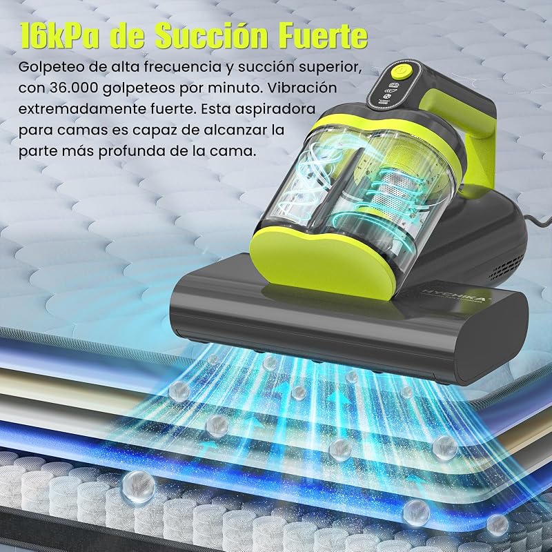 HYCHIKA Aspirador Anti-ácaro para Colchões - Aspirador de 16 kPa, ultrassónico, Aspirador para alérgicos, Duplo Tornado, Elimina 99,9%, Ar Quente a 60° para Camas, sofás, tapetes