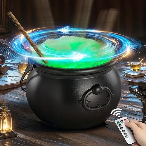 Zidmo Halloween Decorations Indoor - Magic Auto Mixing Witches Cauldron - Black Plastic Punch Bowl Decor with Light String, Timer Remote for Party Home Kitchen Room Table Mantel