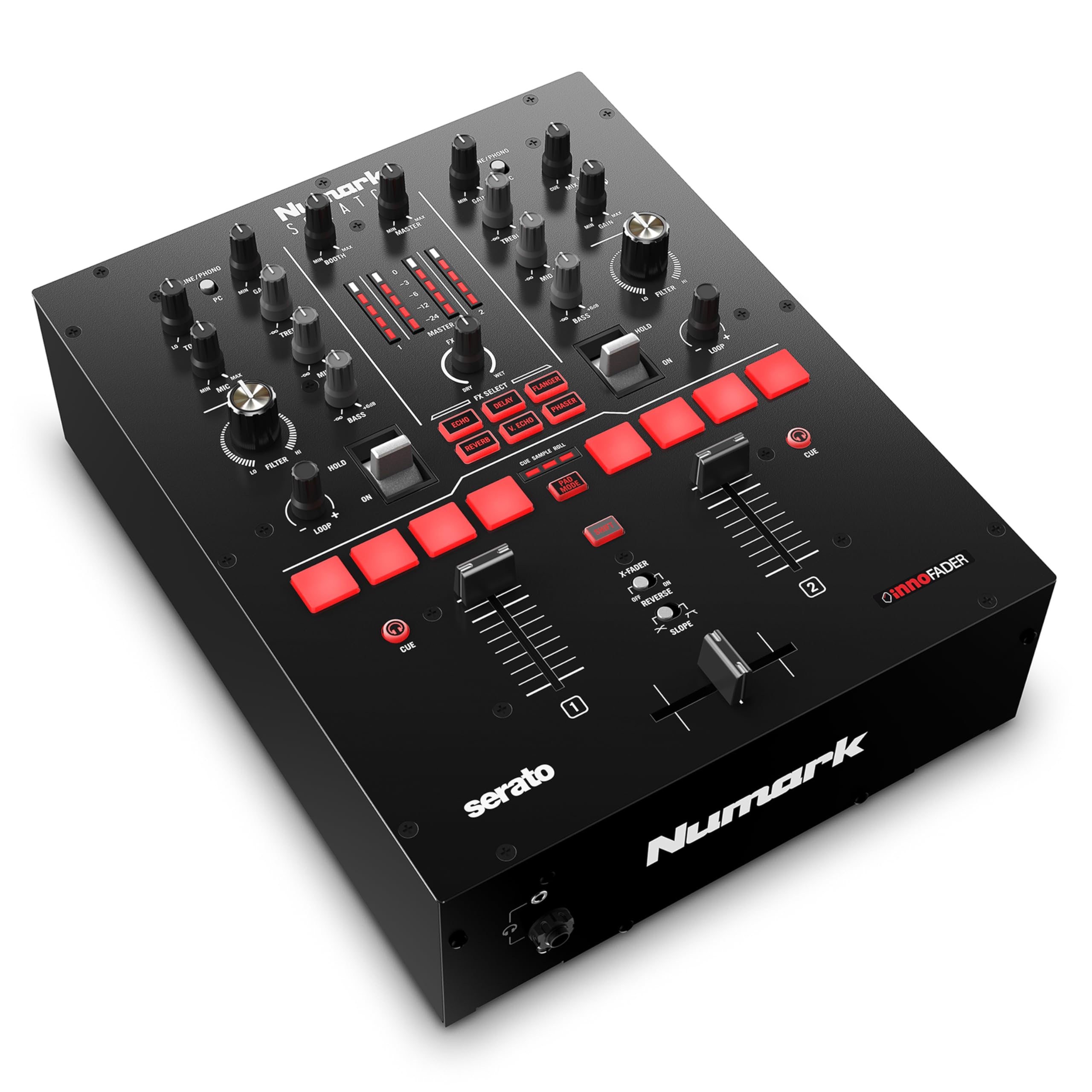 Numark Scratch | Mezclador DJ Scratch de dos canales para Serato DJ Pro (incluido) con Innofader Crossfader, licencia DVS, 6 selectores de efectos de acceso directo, Performance Pads y calidad de sonido de 24 bits