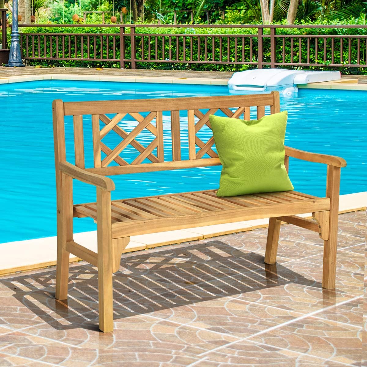 Giantex Patio Wooden Bench, 4 Ft Foldable Acacia Garden Bench, Two Person Loveseat Chair Solid with Curved Backrest and Armrest Ideal for Patio, Porch or Balcony (Teak): Kitchen & Dining