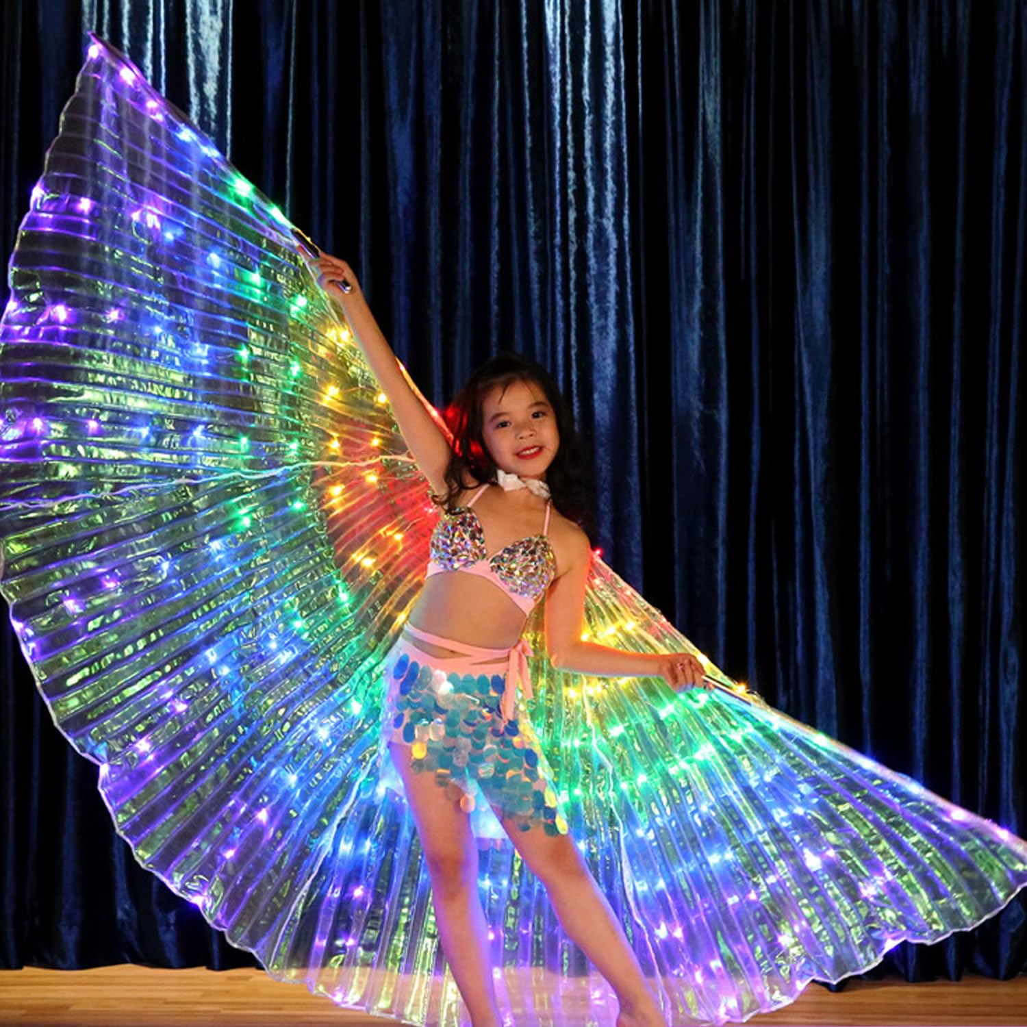 Ragyzity LED Isis Wings Glow Light Up Belly Dance Costumes with Sticks, Led Butterfly Wings,Led Glow Angel Wings, Light Up Wings for Carnival,Stage,Halloween Christmas Party (Kids Colorful)