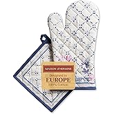 Maison d' Hermine 100% Cotton Oven Mitt & Pot Holder Set (7.5"x13" & 8"x8") Heat Resistant BBQ Cooking Gloves with Loop Baking Grilling Kitchen Valentines Day Decorations Spring/Summer (Faience)