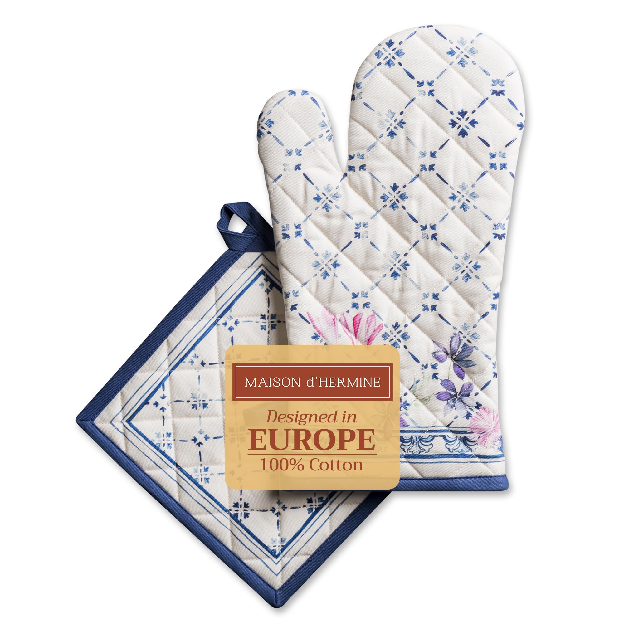 Maison d' Hermine Faience 100% Cotton Oven Mitts Set (19 cm x 33 cm) and Pot Holders (20 cm x 20 cm) for BBQ | Baking | Baking | Oven | Microwave | Grill | Spring/Summer Easter
