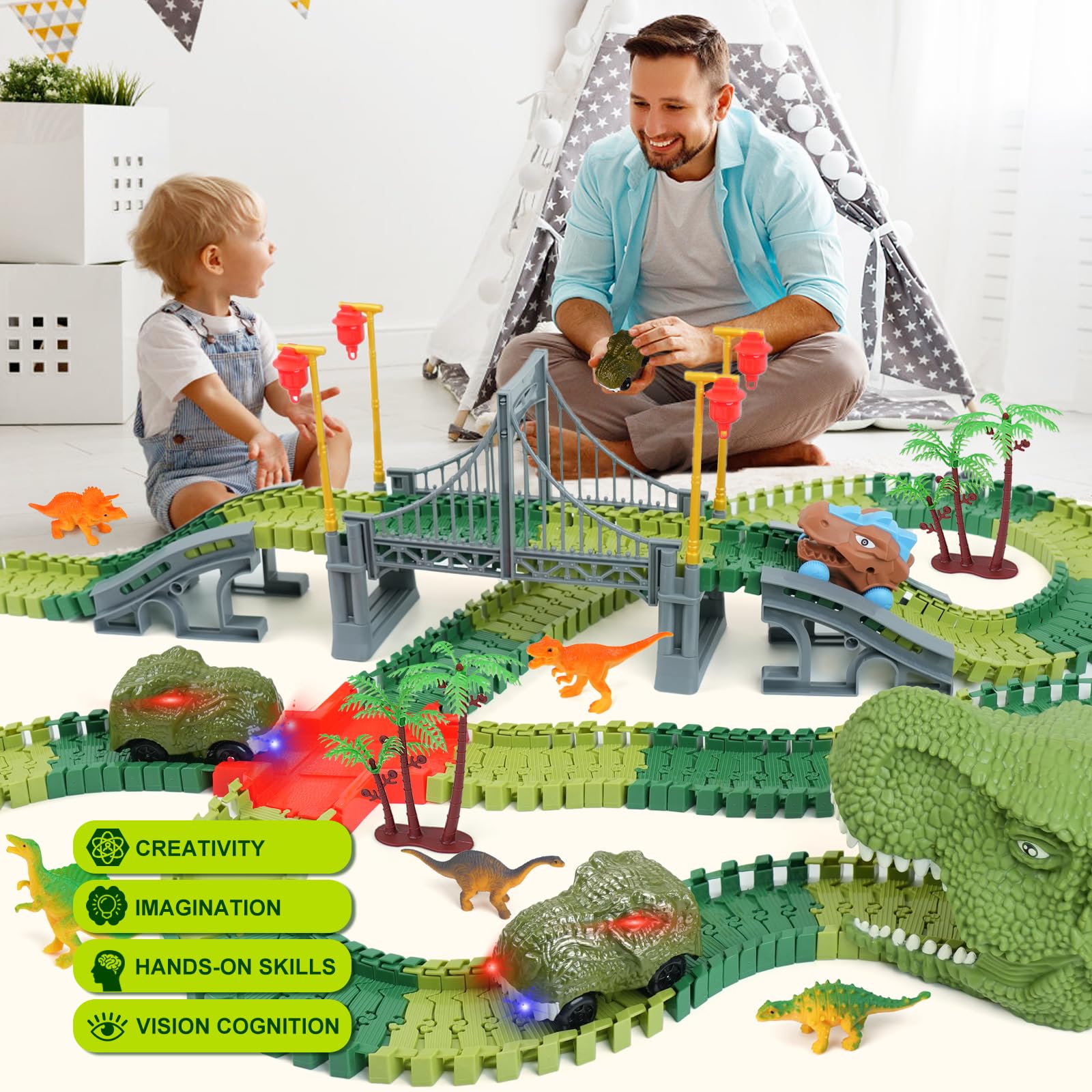 ToyFuntasy Dinosaur Track Toys for Kids - Best Birthday Gifts for 3 4 5 6 7 Year Old Boys, Flexible Race Car Track Set with Light & Sound, Create a Dino World Adventure