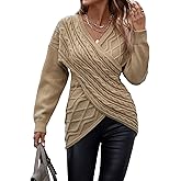 Womens Casual V Neck Long Sleeve Sweaters Cross Wrap Front Cable Knit Pullover Sweater Jumper Tops