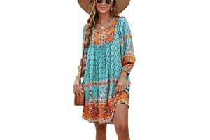 Bluetime Women Casual Summer Dress Boho V Neck 3/4 Sleeve Short Babydoll Floral Print Flowy Beach Dresses